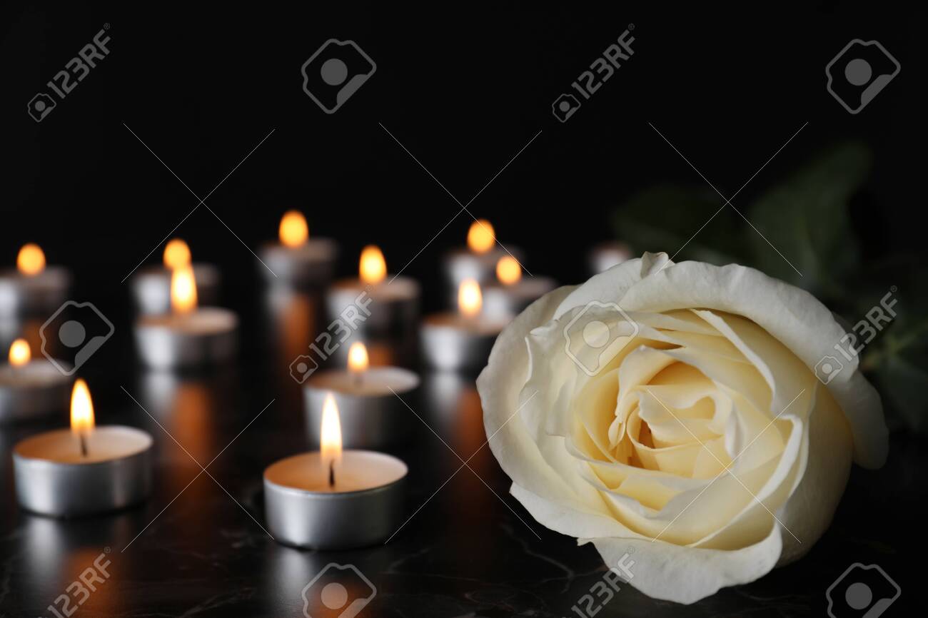 White rose and blurred burning candles on table in darkness, closeup with space for text. Funeral symbol - 129749152