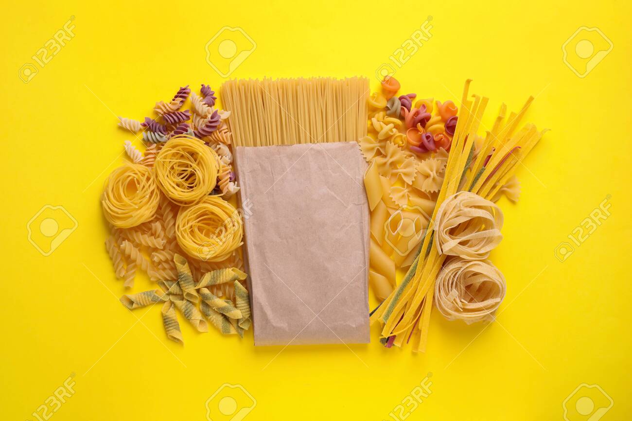 Download Different Types Of Pasta On Yellow Background Flat Lay Stock Photo Picture And Royalty Free Image Image 135306108 Yellowimages Mockups