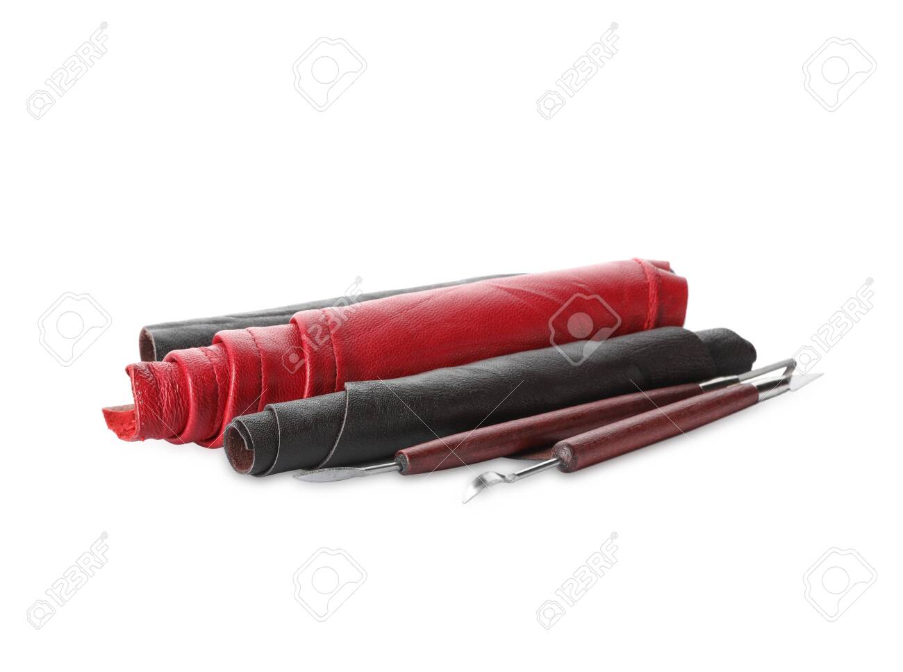 Leather samples and craftsman tools isolated on white - 145228174 Leather samples and craftsman tools isolated on white - 145228174