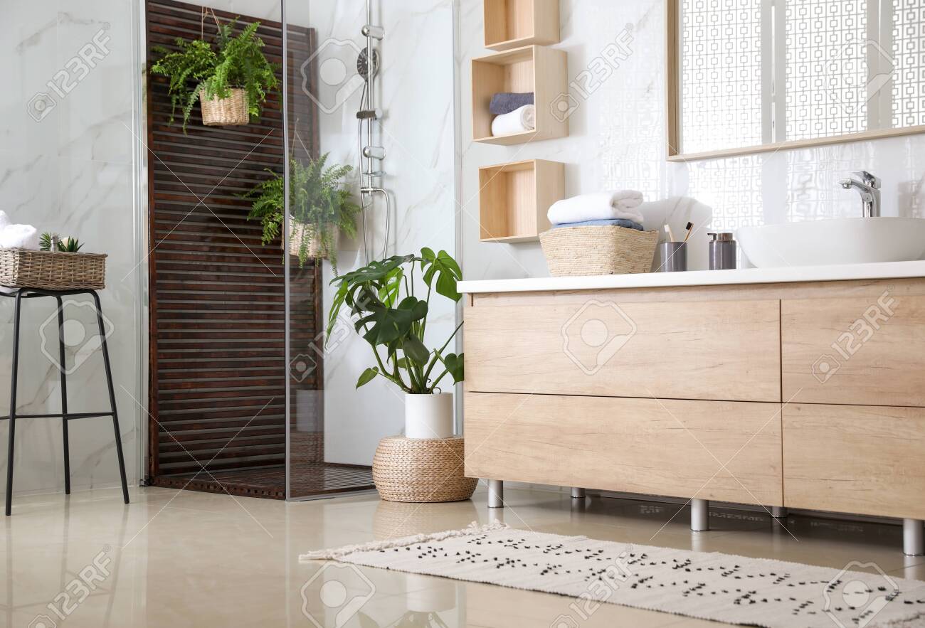 Bathroom Interior With Shower Stall And Houseplants Idea For Design Lizenzfreie Fotos Bilder Und Stock Fotografie Image 154907533