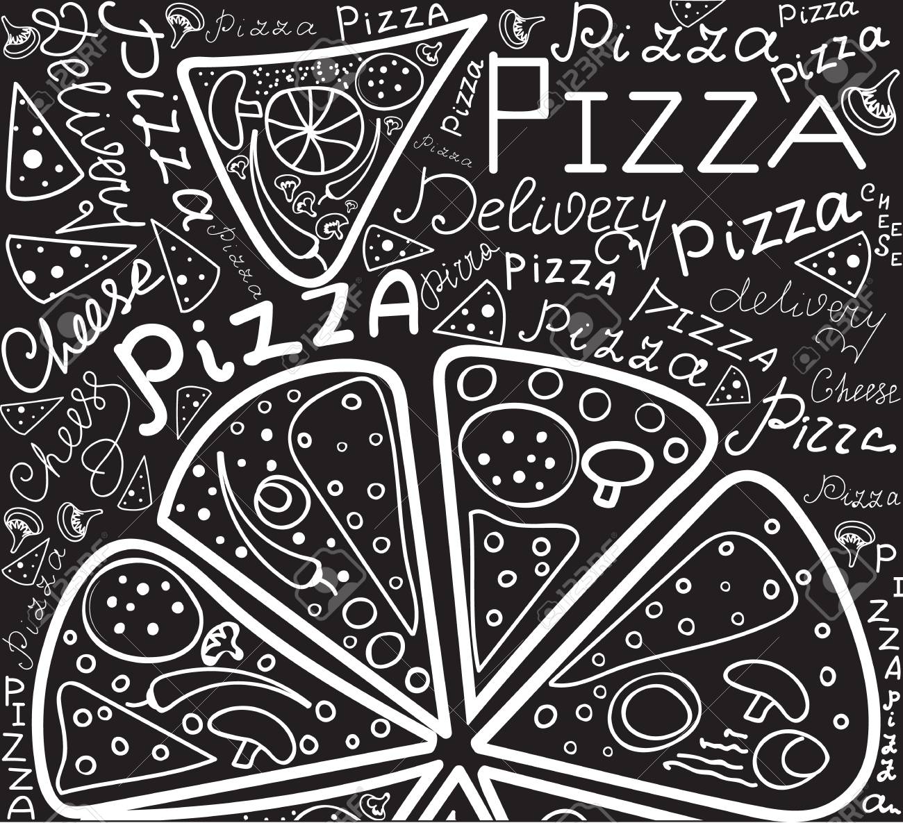 ピザのスライスと手書きの単語 ピザ 手描きチョーク ボードの効果で食品のベクトル図 のイラスト素材 ベクタ Image