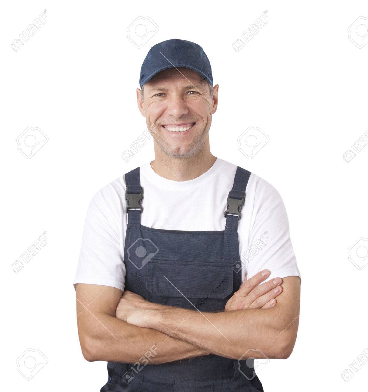 Portrait of smiling worker in blue uniform isolated on white background - 23728384 Portrait of smiling worker in blue uniform isolated on white background - 23728384