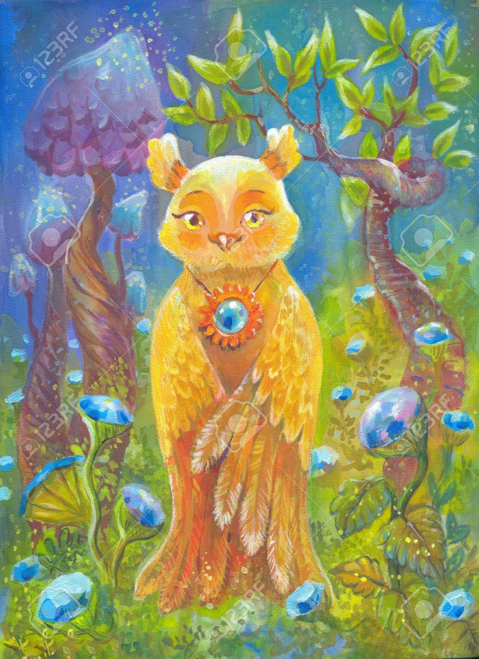 幻想的なフクロウ ファンタジーの背景 創造的なポスター 服 T シャツ 子供イラストの印刷のためのスーツ シルク手描き画 かわいい文字 魔法の風景です の写真素材 画像素材 Image