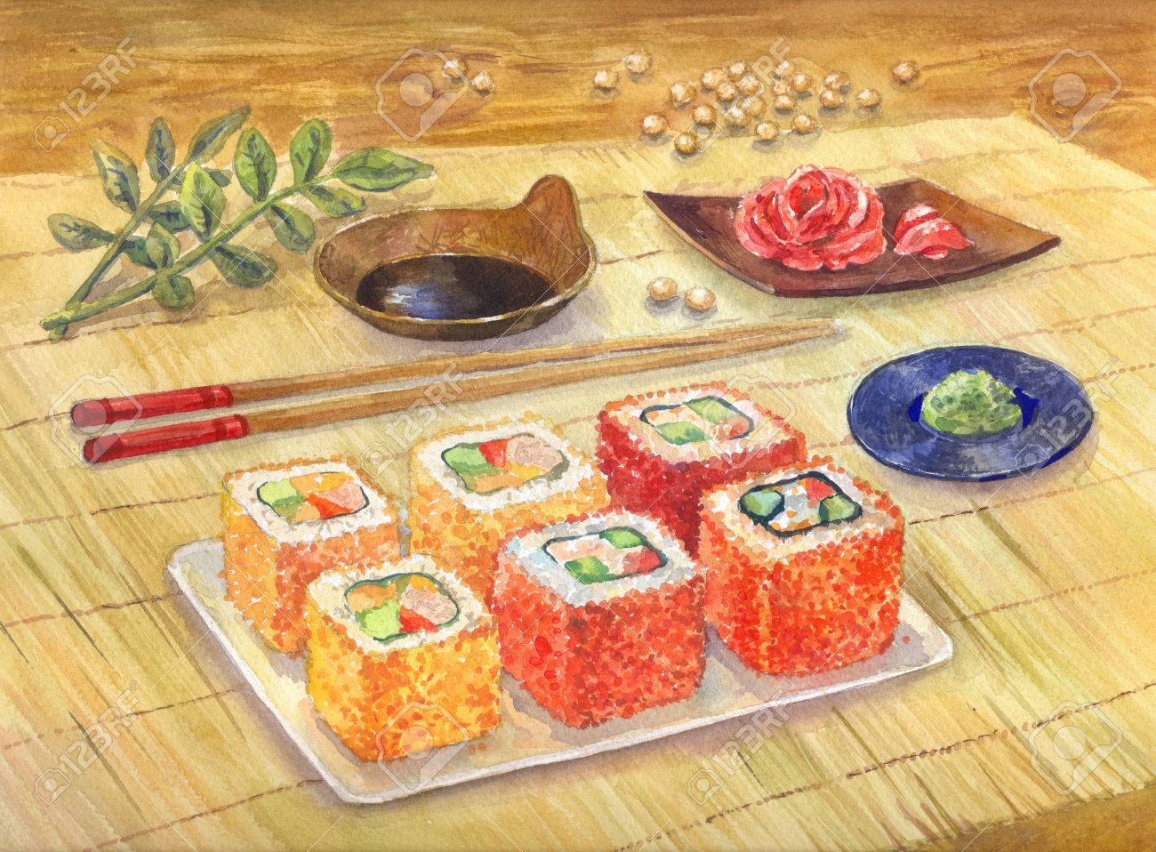 水彩イラスト 日本料理 寿司やロール わさび 生姜 レストランでオーダーします の写真素材 画像素材 Image