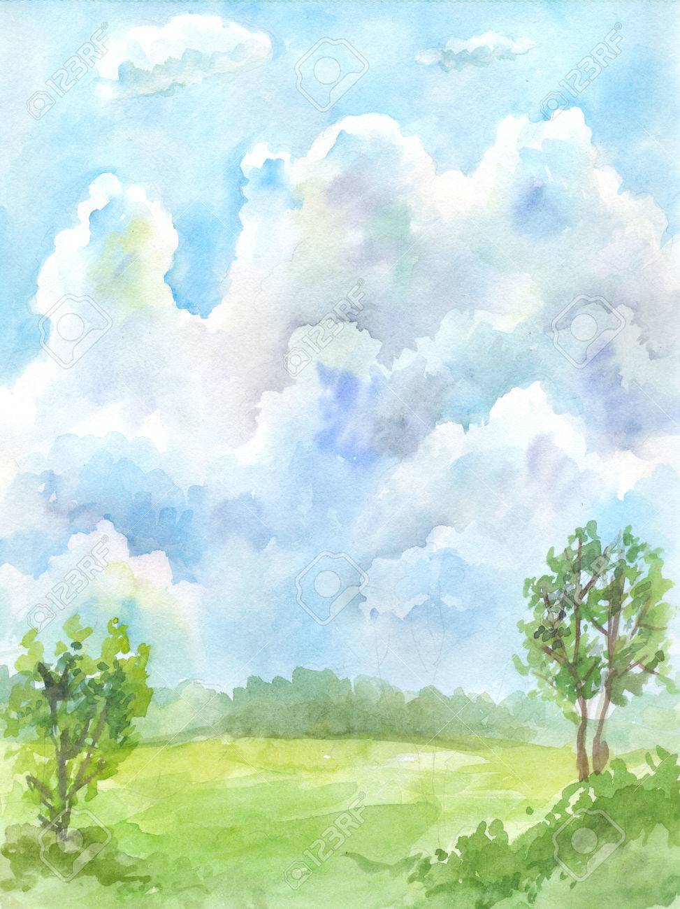 水彩の空の図。田園風景の絵の写真素材・画像素材 Image 81231223