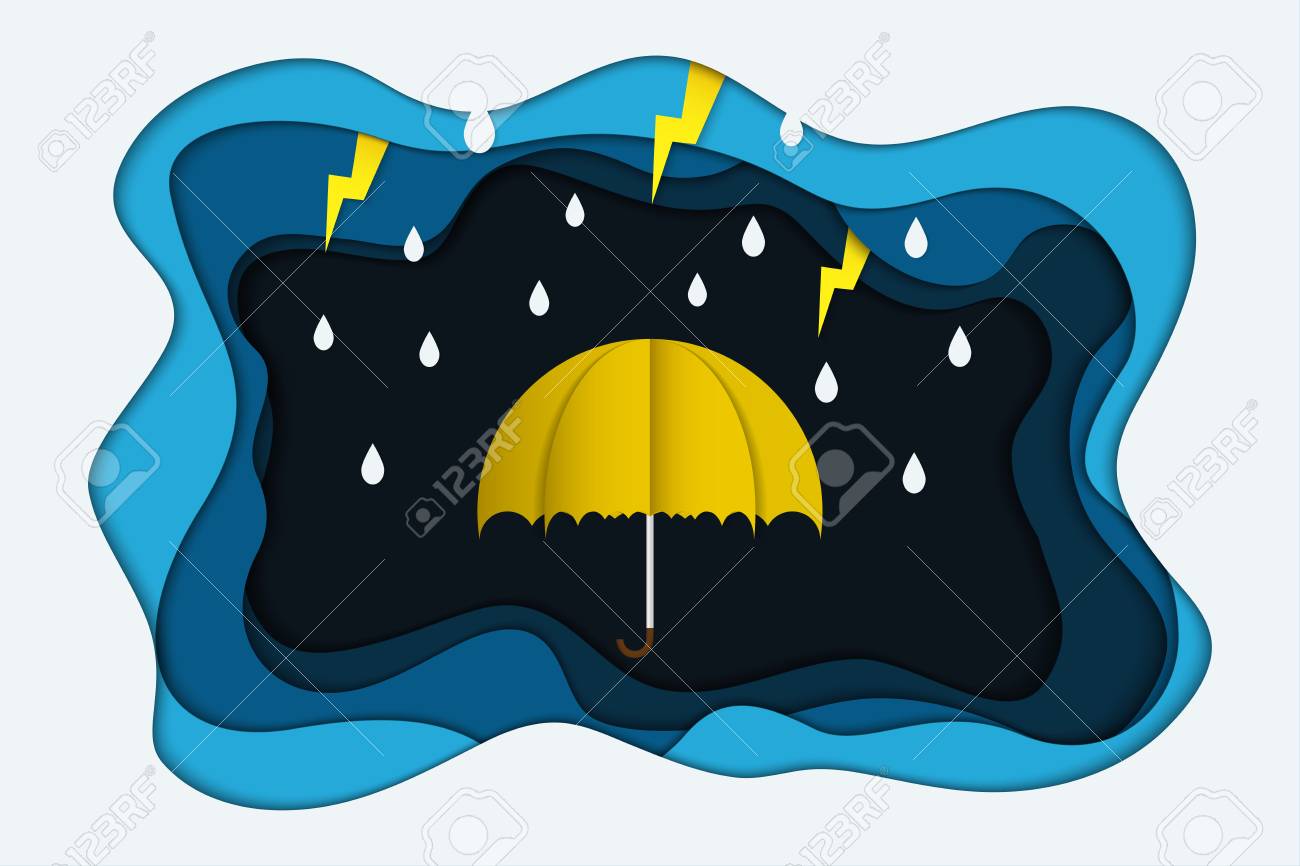 抽象的な背景折り紙アート雨の季節嵐の稲妻の傘 デザインや広告のためのイラストベクトル のイラスト素材 ベクタ Image