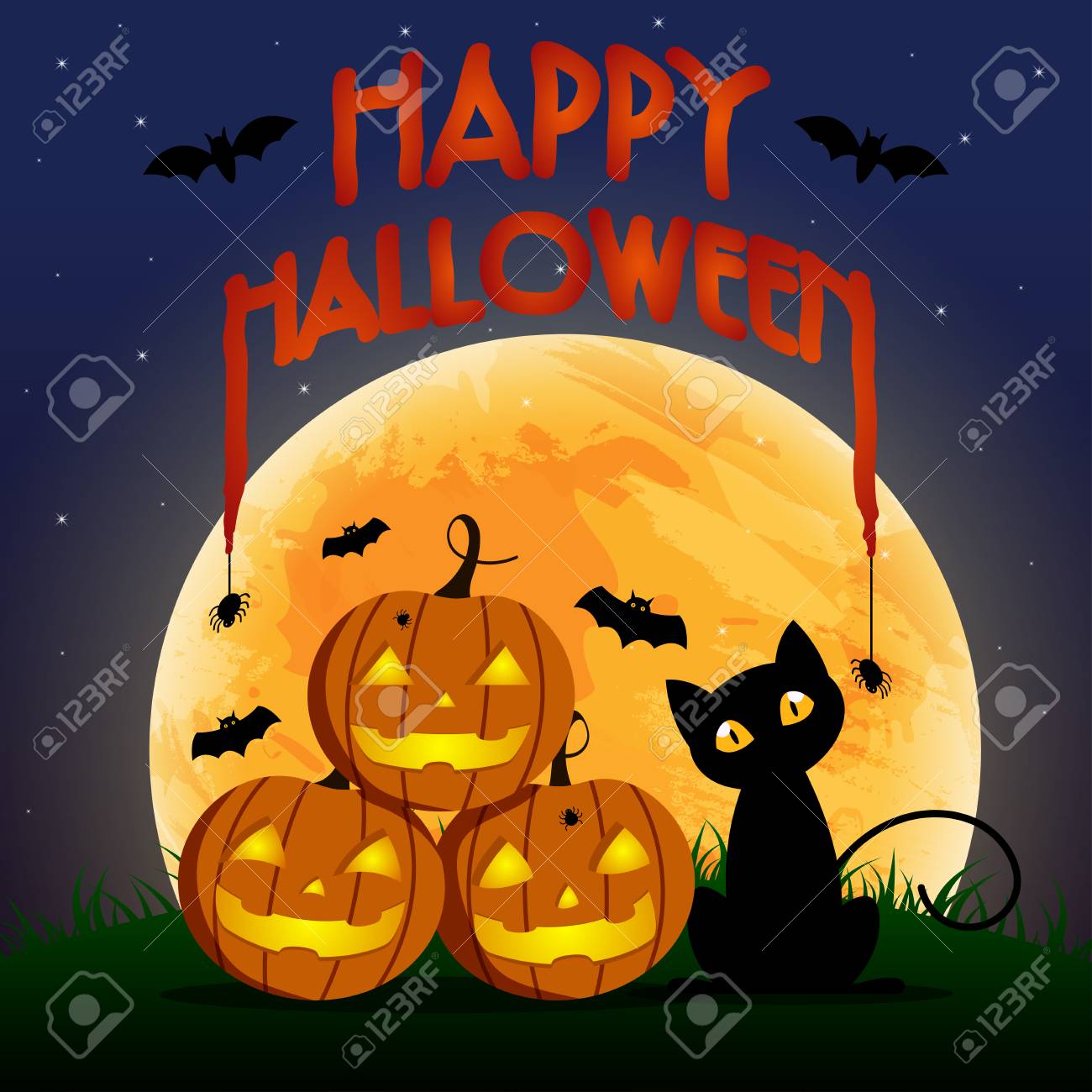 Happy Halloween Day , Bat And Spider On Text , Cute Pumpkin Smile Spooky  Scary But Cute And Black Cat Party Under Moon , Vector Illustration , Sign  Element Royalty Free Cliparts,