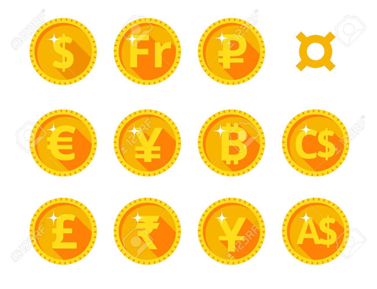 Eleven gold icons of the world of money and currency symbol. Vector illustration. Flat style. - 46368016 Eleven gold icons of the world of money and currency symbol. Vector illustration. Flat style. - 46368016