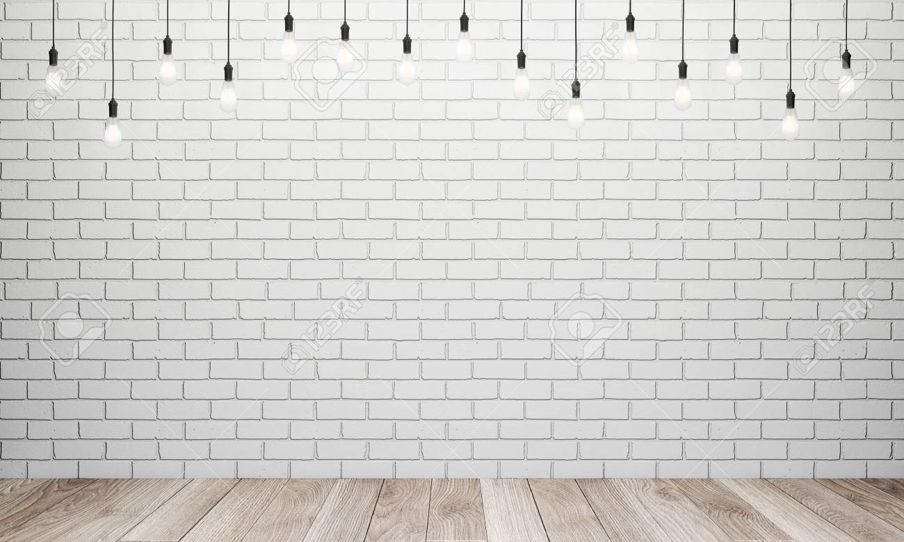 Retro Light Bulbs In Interior With White Brick Wall And Wooden Stock Photo Picture And Royalty Free Image Image 56938504