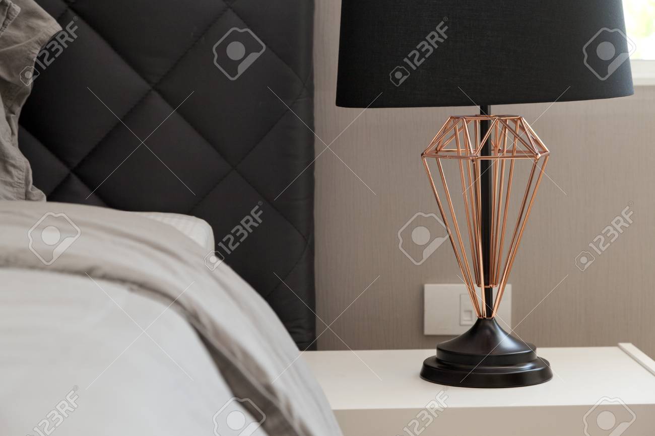 Black Table Lamp With Grey Bedding Style Stock Photo Picture And Royalty Free Image Image 67382935