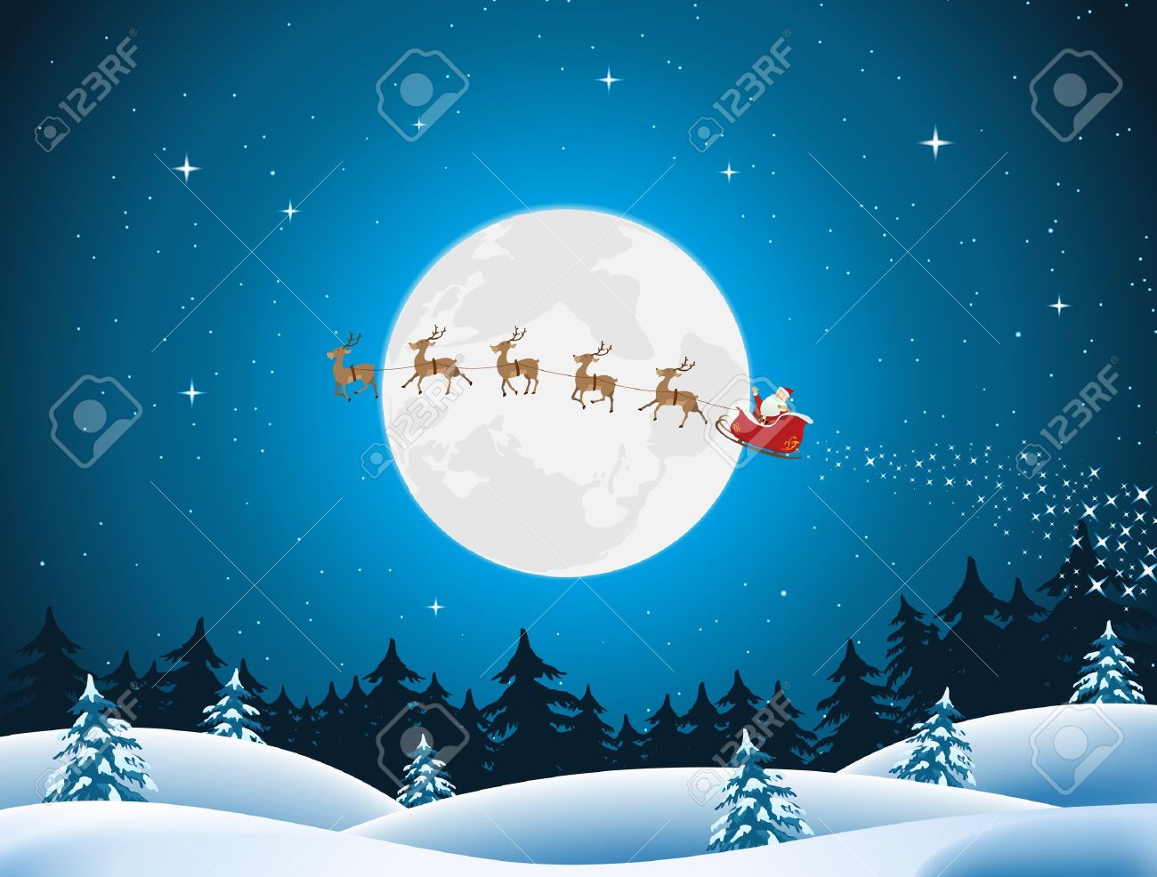 illustration of santa driving the sleigh and his reindeer through