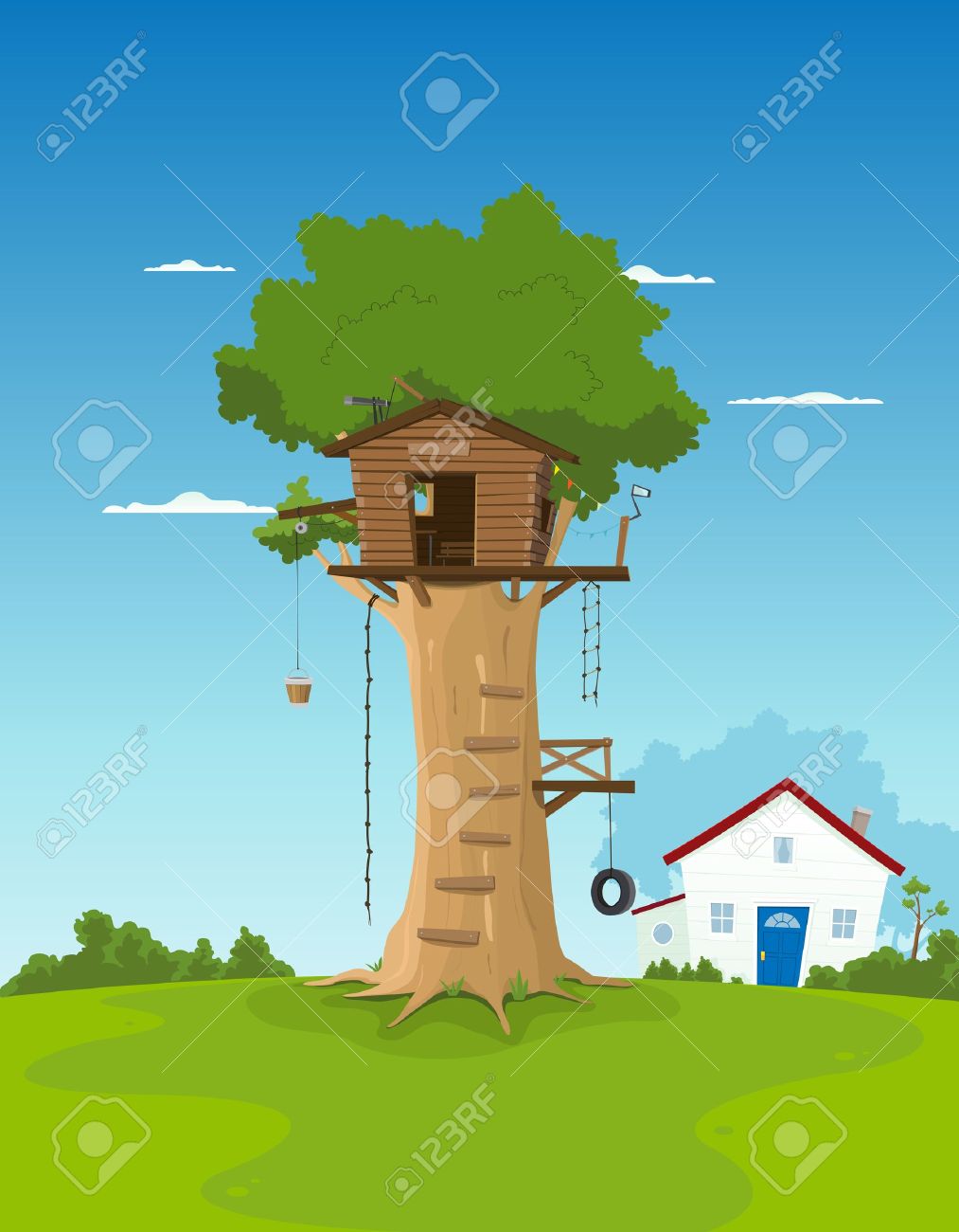 Illustration Of A Cartoon Tree House In Big Oak Inside Garden