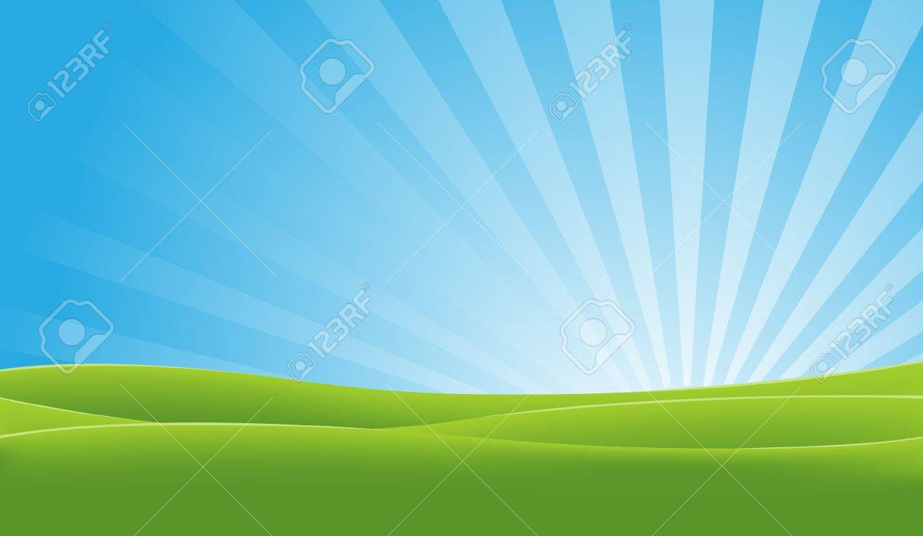 Illustration of a landscape in spring or summer season with fields and shiny sky at dawn - 11248599 Illustration of a landscape in spring or summer season with fields and shiny sky at dawn - 11248599