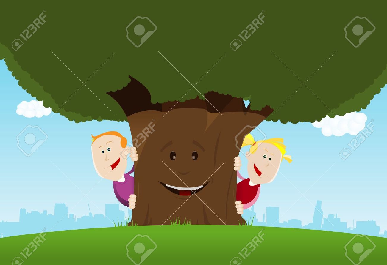 ニースの擬人化木の後ろに隠れているかわいい漫画の子供たちのイラスト のイラスト素材 ベクタ Image ニースの擬人化木の後ろに隠れているかわいい漫画の子供たちのイラスト のイラスト素材 ベクタ Image