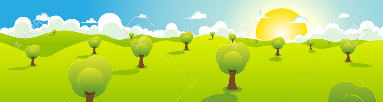 Illustration of a cartoon spring or summer landscape with trees, blue sky, sun and cloudscape - 12273887 Illustration of a cartoon spring or summer landscape with trees, blue sky, sun and cloudscape - 12273887