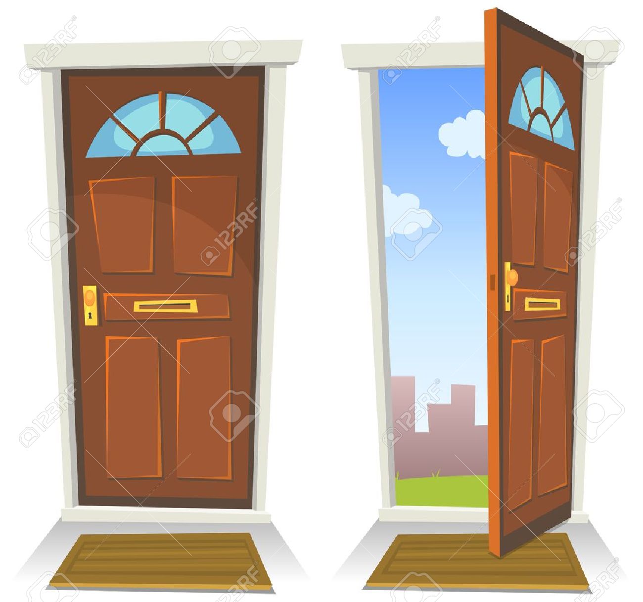 Open Front Door Welcome illustration of a cartoon front red door opened on a spring urban Open Front Door Welcome illustration of a cartoon front red door opened on a spring urban