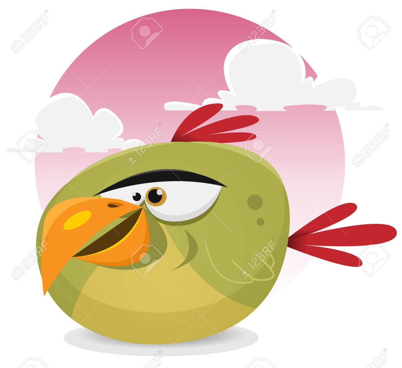 Illustration Dun Personnage De Dessin Animé Drôle Doiseau De Perroquet Tropical Petit Sourire Sur Un Fond De Ciel Rose