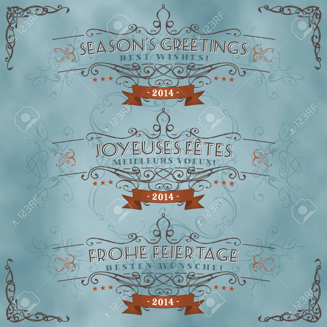 Vettoriale Illustrazione Di Un Insieme Di Epoca Stagioni Retro Saluti E Gli Auguri Striscione In Inglese Francese E Tedesco Lingua Image 24909746