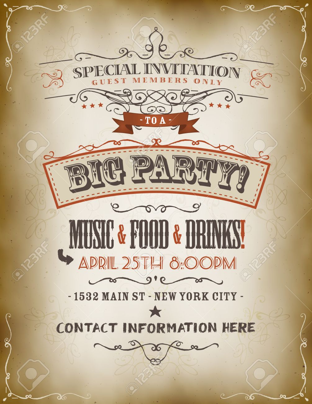illustration of a retro vintage invitation poster to a big party