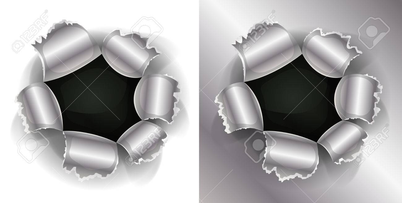 散弾銃の銃弾の衝撃穴 スラッシュ 白と金属の背景にも取り組んでのイラスト のイラスト素材 ベクタ Image