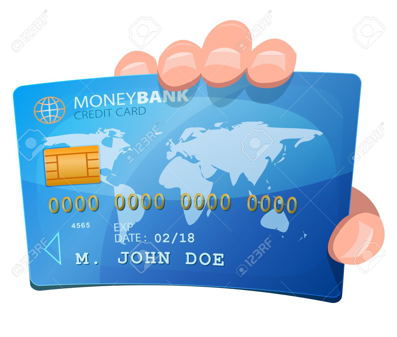 illustration of a cartoon human hand holding credit card sample sample credit card