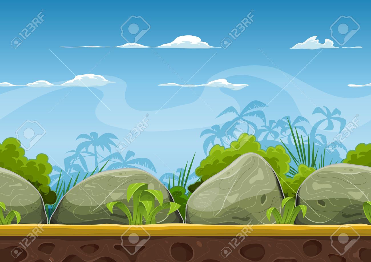 Illustration of a cartoon seamless summer tropical beach ocean background with palm trees, coconuts, boulders, stones for ui game - 39637629 Illustration of a cartoon seamless summer tropical beach ocean background with palm trees, coconuts, boulders, stones for ui game - 39637629