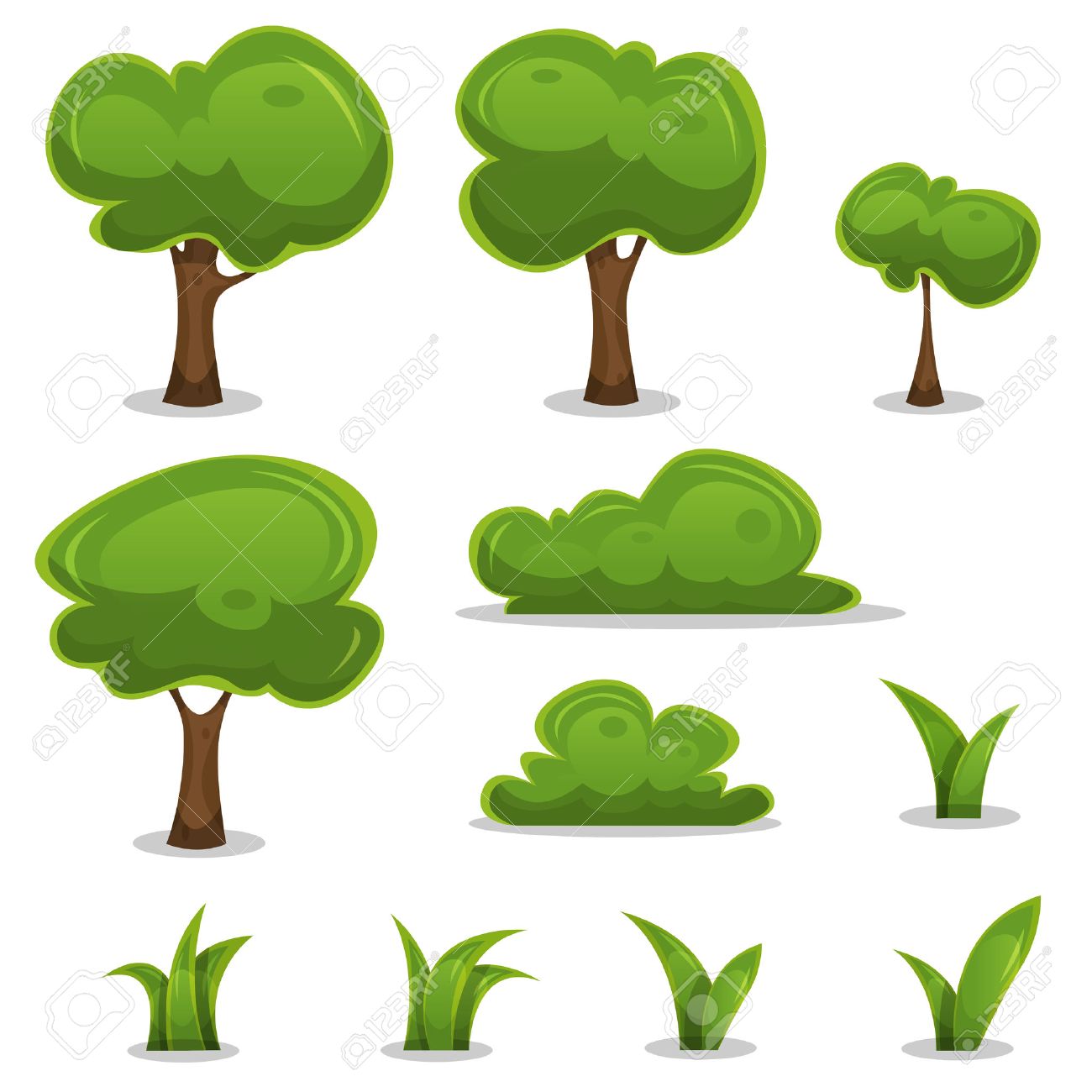 Illustration of a set of cartoon spring or summer little trees and green icons, with bush, hedges and blades of grass for ui game - 40600922 Illustration of a set of cartoon spring or summer little trees and green icons, with bush, hedges and blades of grass for ui game - 40600922