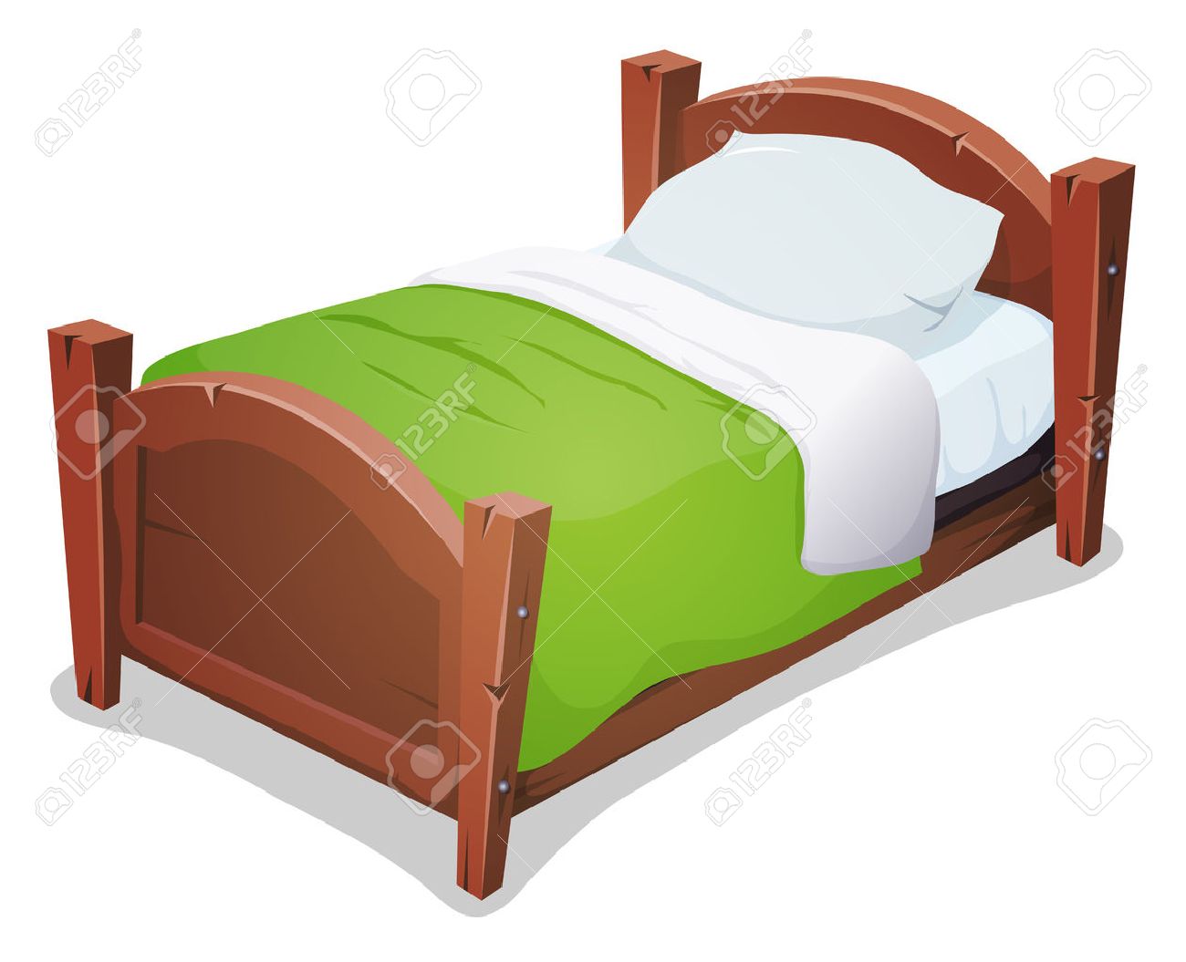 Illustration of a cartoon wooden children bed for boys and girls with pillows and green blanket - 44194034 Illustration of a cartoon wooden children bed for boys and girls with pillows and green blanket - 44194034