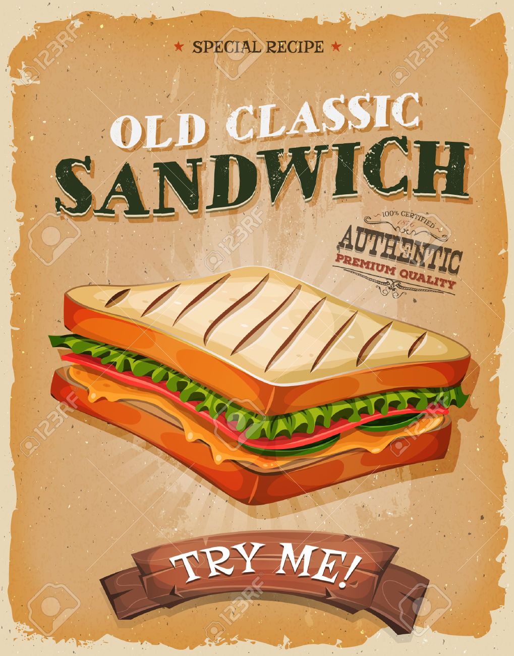 イラスト デザインのヴィンテージとグランジ テクスチャ ポスターが ファーストフード軽食やテイクアウト メニューのハム パン サラダおいしそうの古典的な サンドイッチ のイラスト素材 ベクタ Image イラスト デザインのヴィンテージとグランジ テクスチャ ポスターが ファーストフード軽食やテイクアウト メニューのハム パン サラダおいしそうの古典的な サンドイッチ のイラスト素材 ベクタ Image