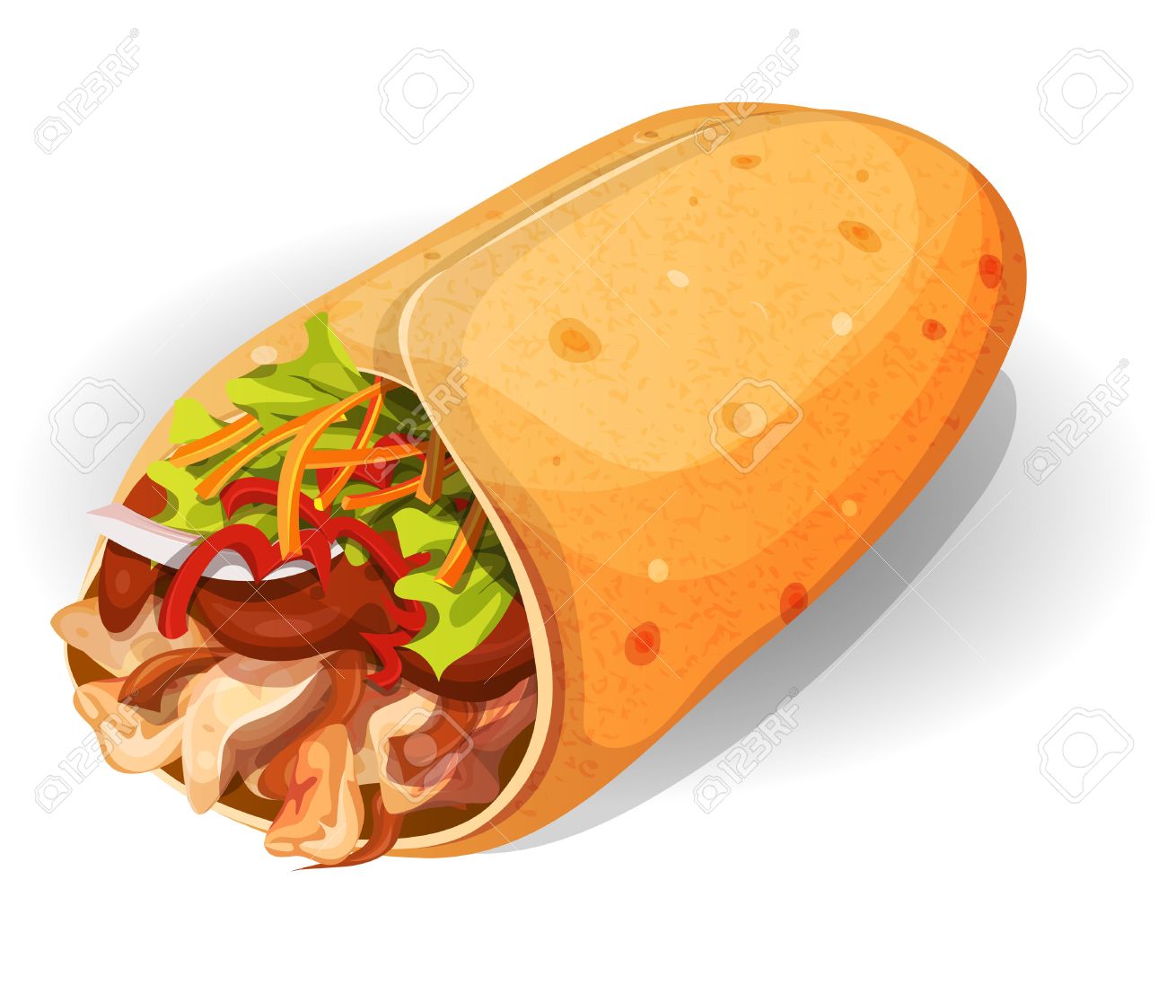 Illustration of an appetizing cartoon fast food mexican burrito icon, with corn wrap, salad leaves, tomatoes, cheese and chicken meat with chili beans, for takeout restaurant - 47212880 Illustration of an appetizing cartoon fast food mexican burrito icon, with corn wrap, salad leaves, tomatoes, cheese and chicken meat with chili beans, for takeout restaurant - 47212880