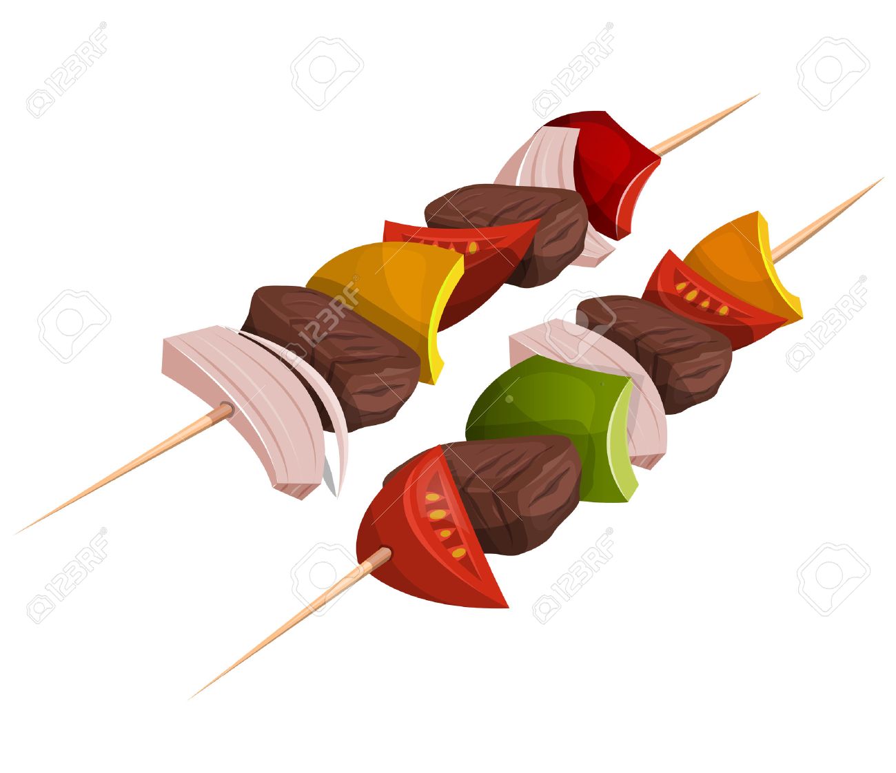 Illustration of appetizing cartoon fast food kebab skewers icon, with meat, tomatoes, onions, bell peppers for bbq party and takeout restaurant - 47868914 Illustration of appetizing cartoon fast food kebab skewers icon, with meat, tomatoes, onions, bell peppers for bbq party and takeout restaurant - 47868914