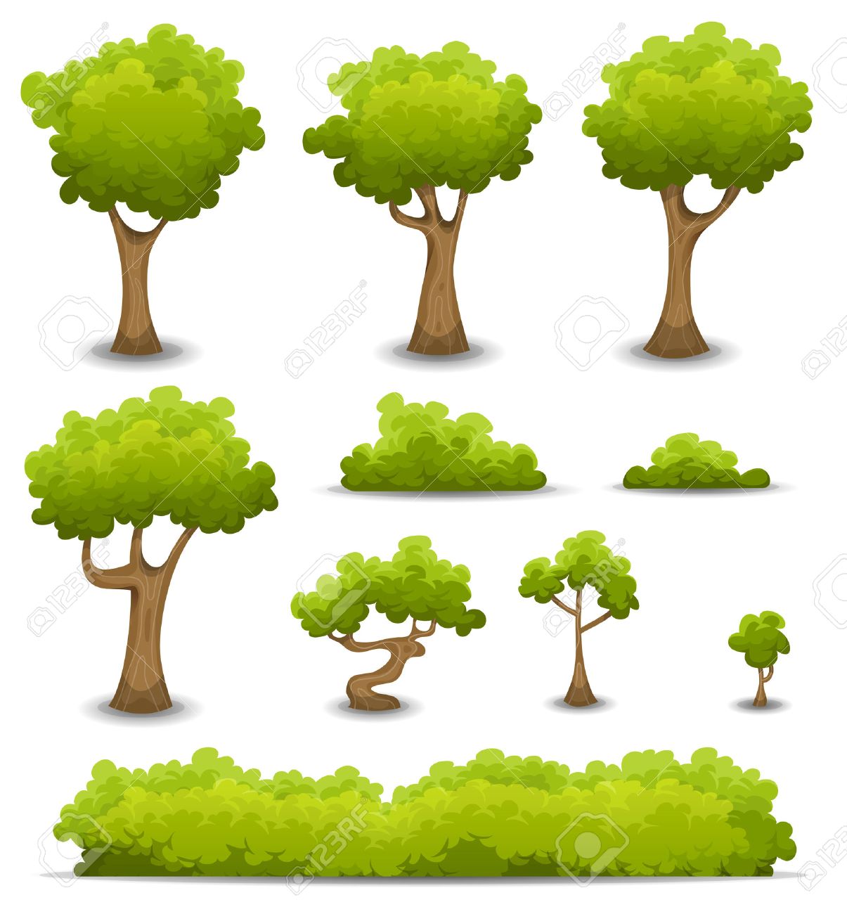 Illustration of a set of cartoon spring or summer forest trees and other green forest elements, bonsai, foliage, bush and hedges - 51362537 Illustration of a set of cartoon spring or summer forest trees and other green forest elements, bonsai, foliage, bush and hedges - 51362537