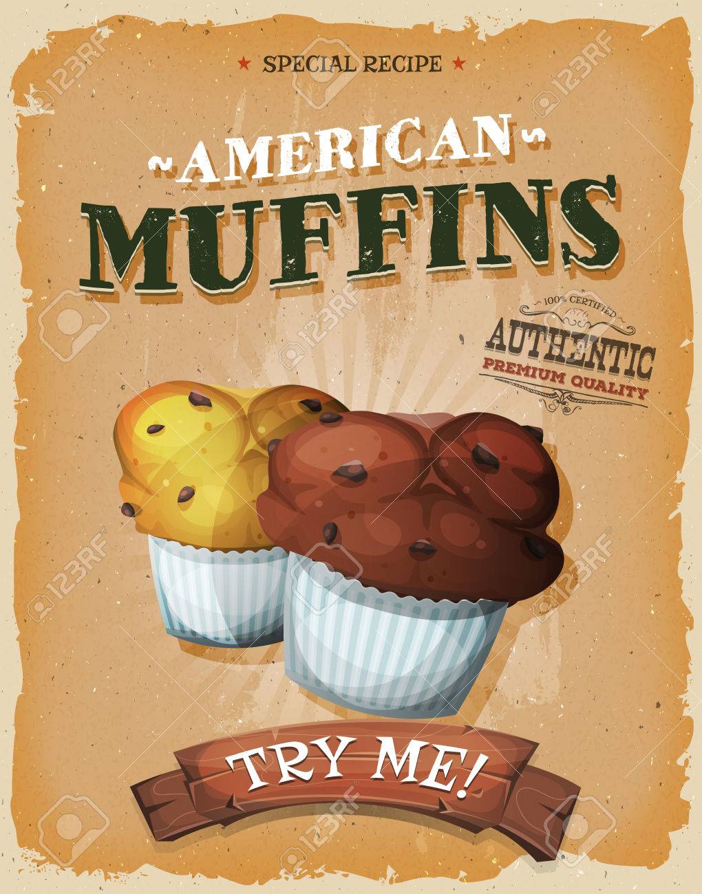 イラスト デザインのヴィンテージとグランジ テクスチャ ポスターが ファーストフード テイクアウト メニューのお菓子やデザートの食事 チョコレート チップを搭載した漫画アメリカのマフィンのイラスト素材 ベクタ Image
