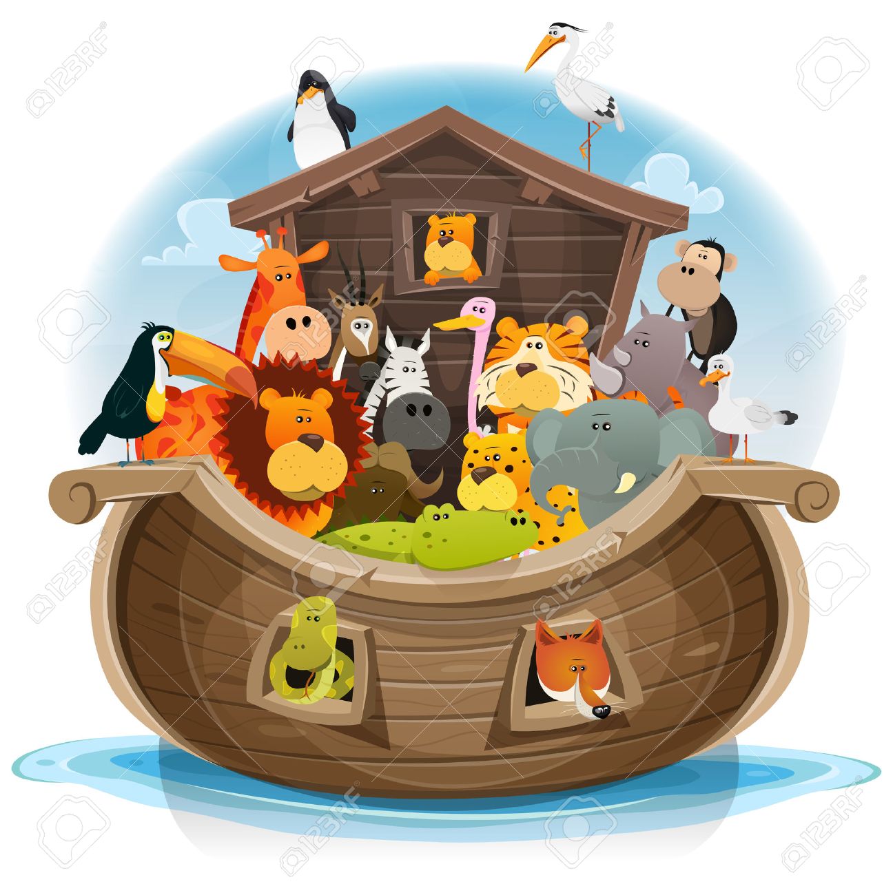 Illustration of cute cartoon group of wild animals inside noah's ark, with lion, elephant, giraffe, gazelle, gorilla monkey, ape, zebra, birds and others on ocean background - 52960527 Illustration of cute cartoon group of wild animals inside noah's ark, with lion, elephant, giraffe, gazelle, gorilla monkey, ape, zebra, birds and others on ocean background - 52960527