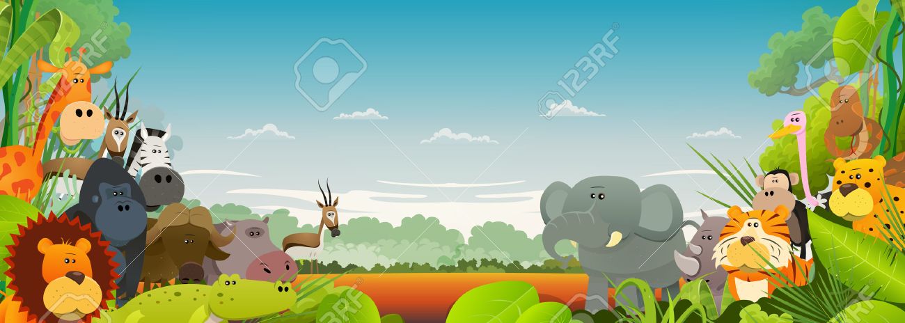 ライオン ゴリラ ゾウ キリン ガゼル ゴリラ モンキー カバ サル シマウマ広いジャングルを背景に アフリカのサバンナからかわいい Vaus 漫画の野生動物のイラストのイラスト素材 ベクタ Image