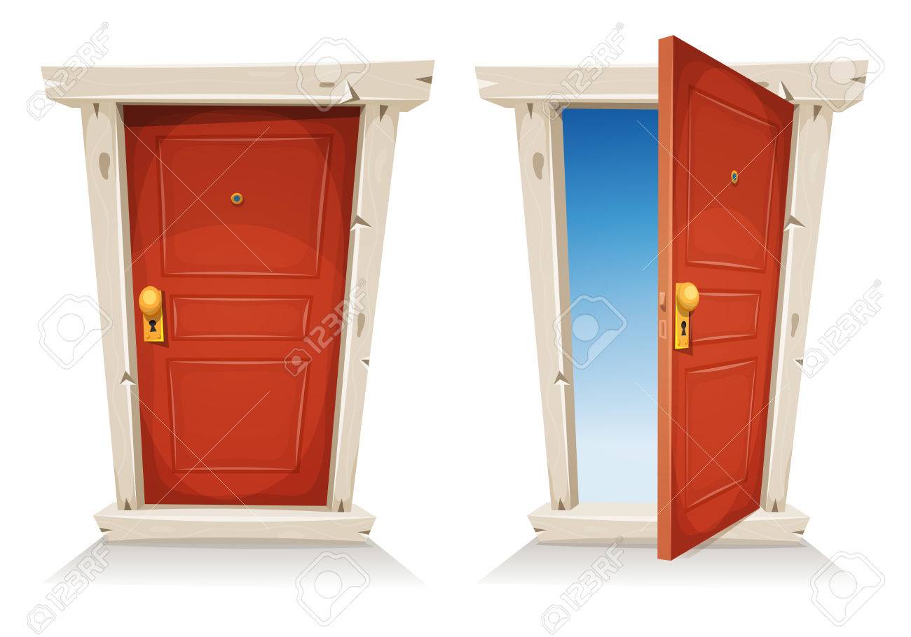 Ilustracao De Uma Porta Vermelha De Entrada Dos Desenhos Animados Fechada E Aberta Sobre Um Fundo De Ceu De Primavera Simbolizando A Fronteira Privada E Publica Descoberta Paraiso Ou Portao Do Ceu