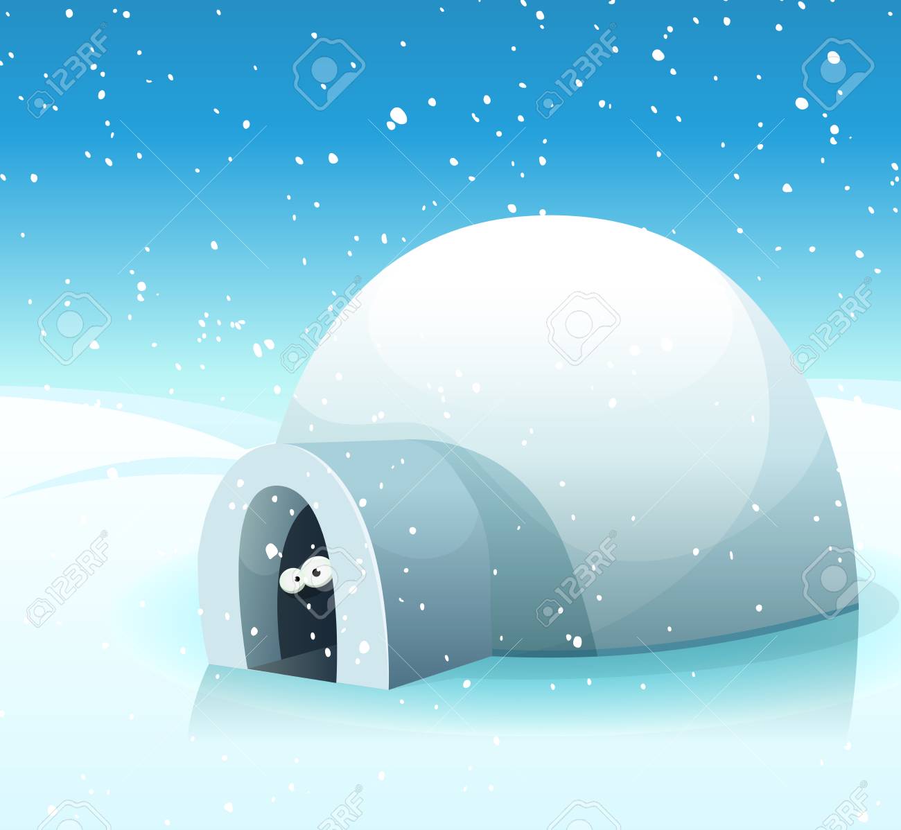 北極イグルーと面白いキャラクターの目の中の漫画雪に覆われた冬の風景のイラスト のイラスト素材 ベクタ Image