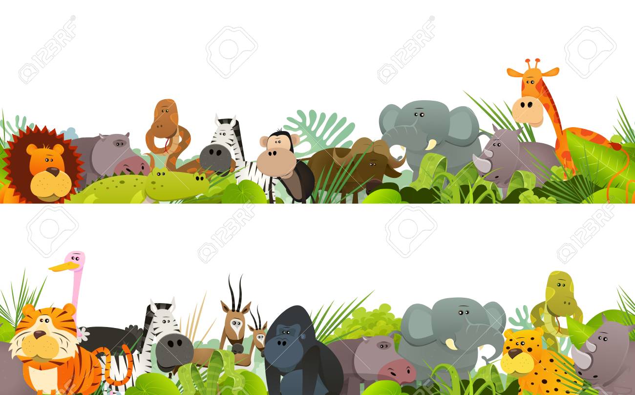 Ilustración De Un Friso Sin Costuras Con Diversos Animales Salvajes De Dibujos Animados Lindo De La Sabana Africana, Incluidos El León, El Gorila, El Elefante, La Jirafa, La Gacela Y La Cebra Ilustración De Un Friso Sin Costuras Con Diversos Animales Salvajes De Dibujos Animados Lindo De La Sabana Africana, Incluidos El León, El Gorila, El Elefante, La Jirafa, La Gacela Y La Cebra