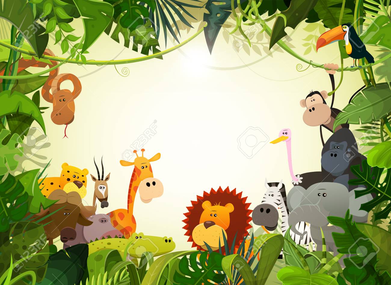 Illustration of cute cartoon wild animals from african savannah, including hippo, lion, gorilla, elephant, giraffe, gazelle, ostrich and zebra with jungle background - 98515166 Illustration of cute cartoon wild animals from african savannah, including hippo, lion, gorilla, elephant, giraffe, gazelle, ostrich and zebra with jungle background - 98515166