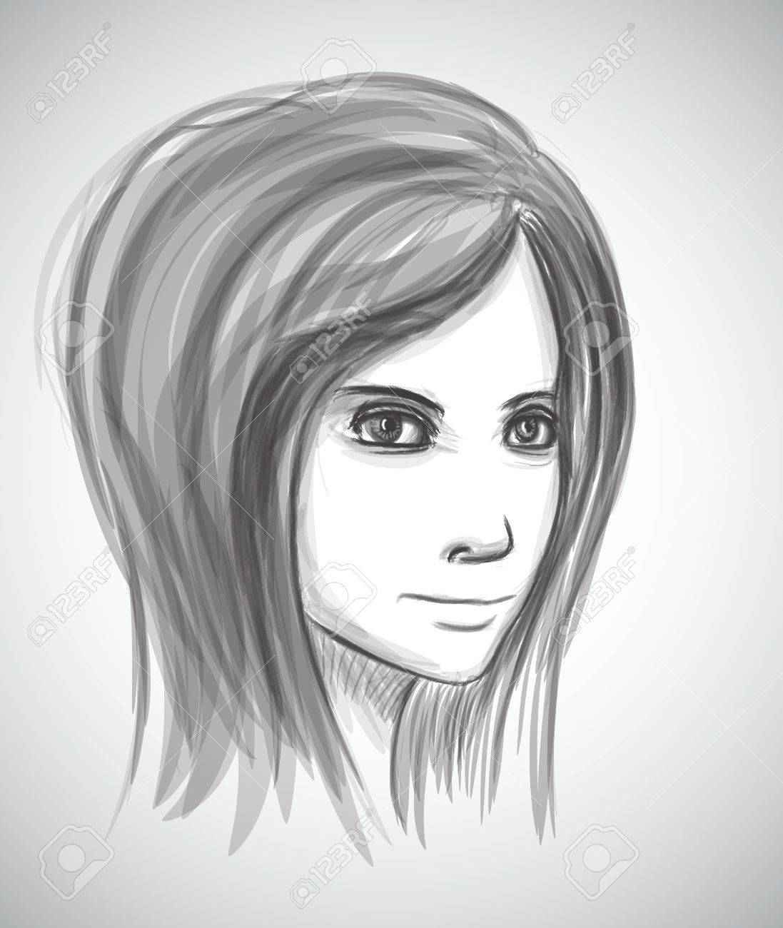 Beauty Girl Face Pencil Sketch Portrait Imitation In Vector
