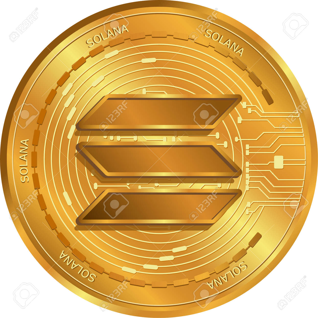 Solana (SOL) Crypto Currency Gold Coin.Digital Money Exchange.  免版税剪贴画，向量插图和库存图片. Image 183367137
