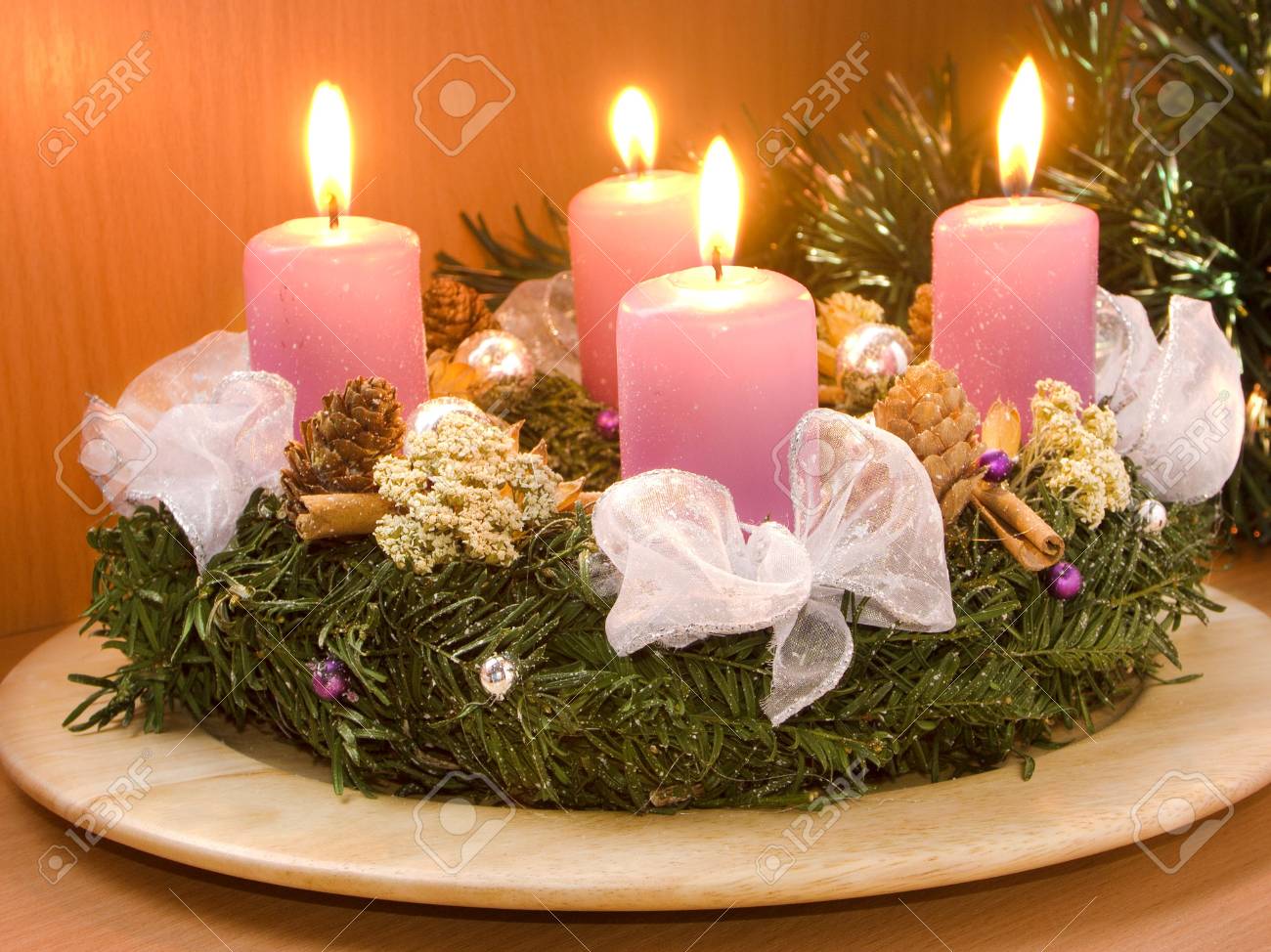 Christmas Wreath With Violet Candles Stock Photo Picture And