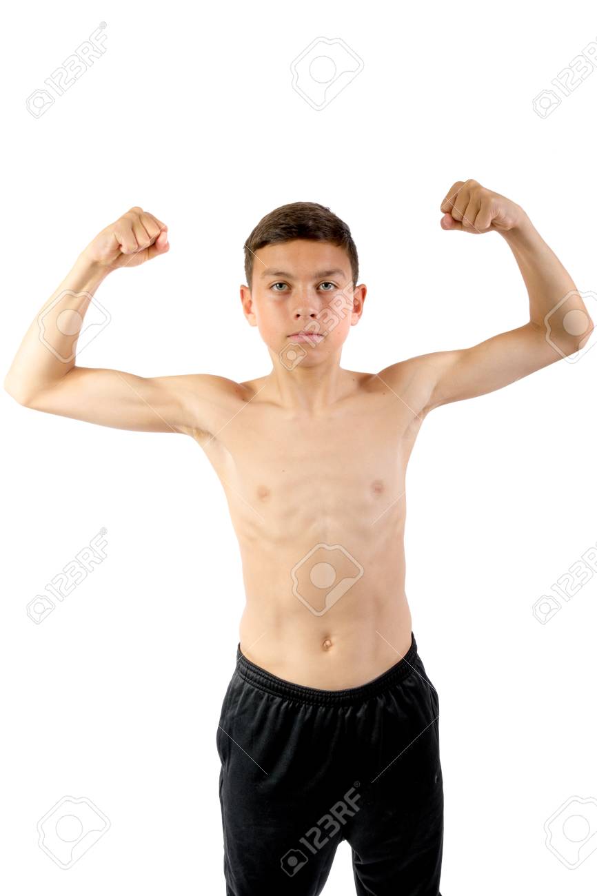 Shirtless Teenage Boy Flexing His Muscles Isolated On White Background  Stock Photo, Picture and Royalty Free Image. Image 93398895.