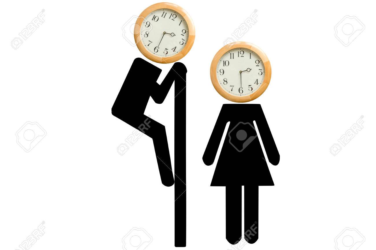 時計時間 間違った時 都合の悪い時は 時間を見てします 女の壁を乗り越えて男 彼らの頭部上のクロックのすべて の写真素材 画像素材 Image