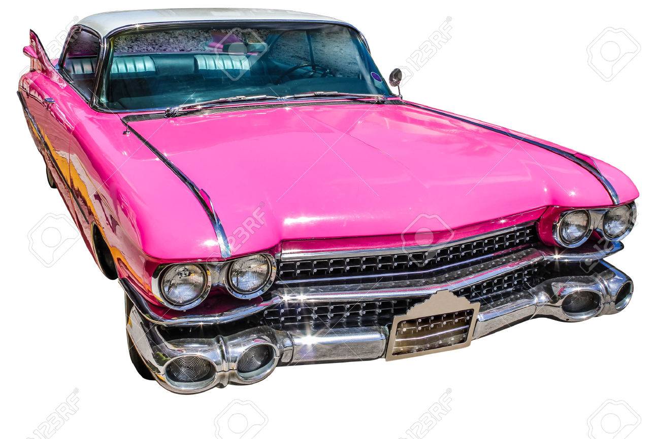 豪華なヴィンテージ ホワイト スタジオの背景にピンクのキャデラック