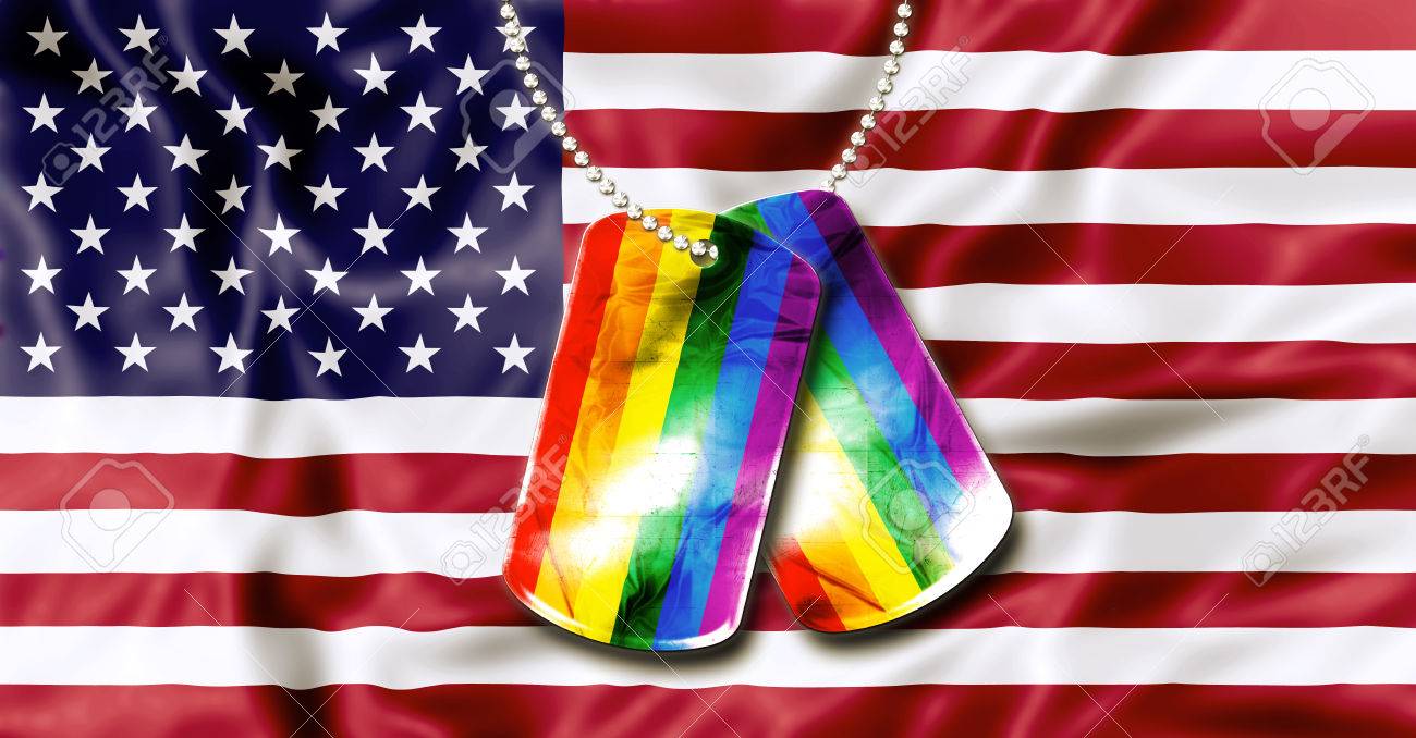 american flag background and army dogtags with rainbow flag of