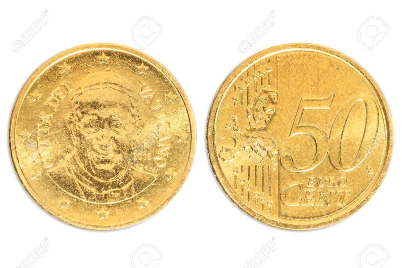イタリアのバチカン市国の50セントのユーロのクローズアップのコインのイタリアの両面。フランチェスコ教皇の頭側。白いスタジオの背景に分離。の写真素材・画像素材  Image 105301421