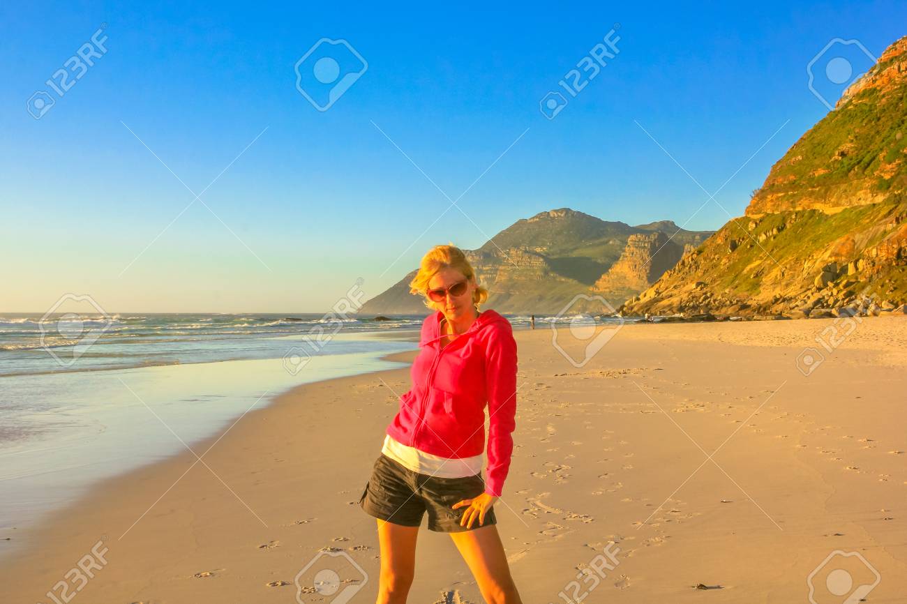 South Africa Holidays Concept Caucasian Woman At Noordhoek Beach