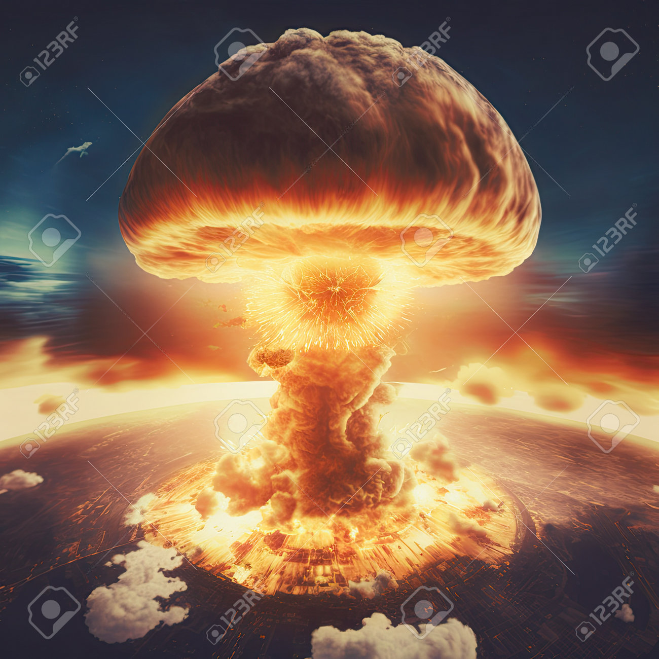 Aerial View Of A Nuclear Explosion In A Skyline Creating A Nuclear Fire  Mushroom Cloud In An Apocalyptic War. 3D Illustration. Stock Photo, Picture  and Royalty Free Image. Image 196150902., image size:1300x1300