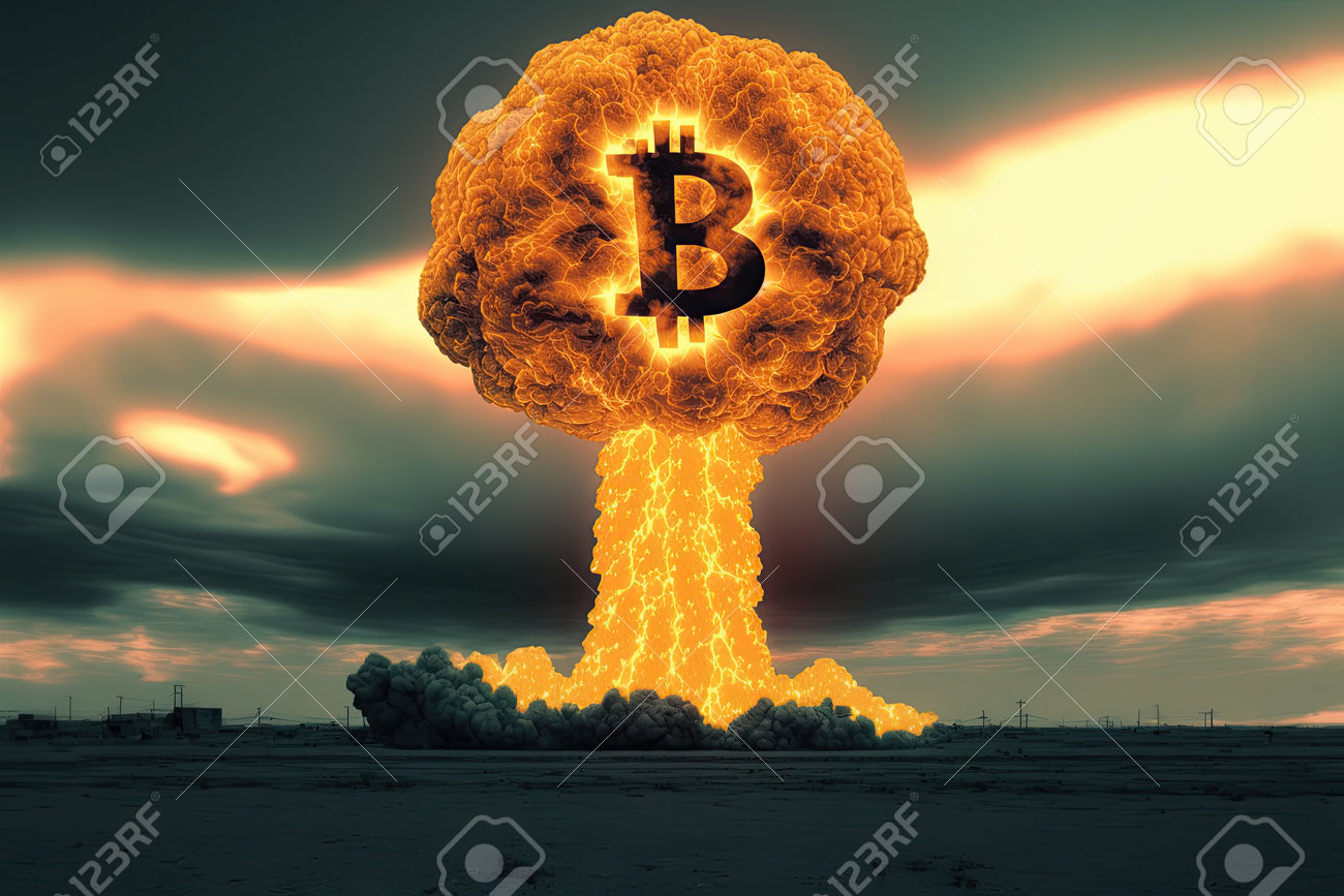 스카이라인에서 비트코인의 핵 폭발의 불 버섯은 비트코인 기호로 핵 화재를 일으킵니다. 비트코인 가격에 대한 약세 시나리오와 폭발적인  암호화 거품 및 크라이프로 시장 규제 로열티 무료 사진, 그림, 이미지 그리고 스톡포토그래피. Image 196216446
